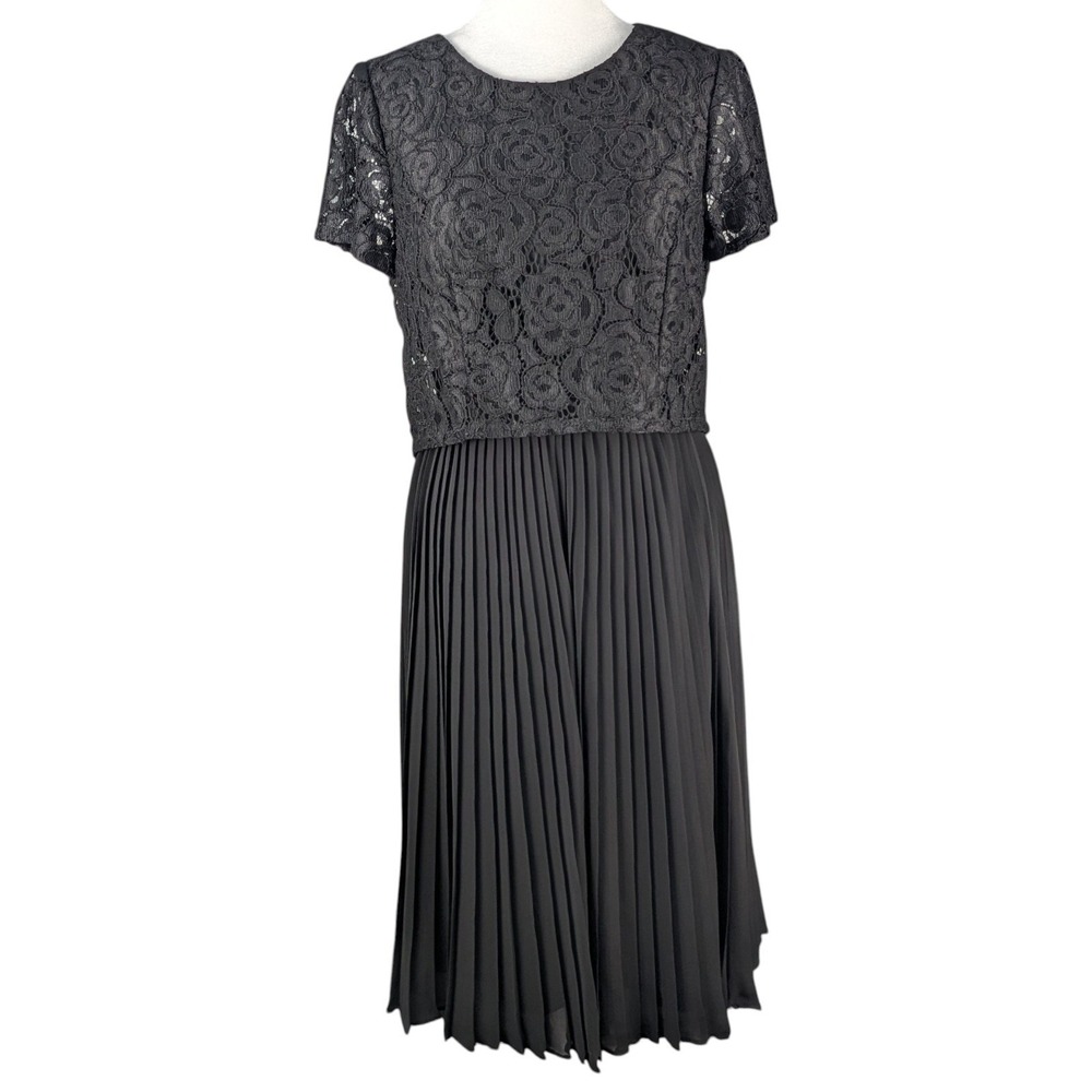 Adrianna Papell A-line Dress Sz 8 Black Lace Overlay Pleated Skirt Knee Timeless